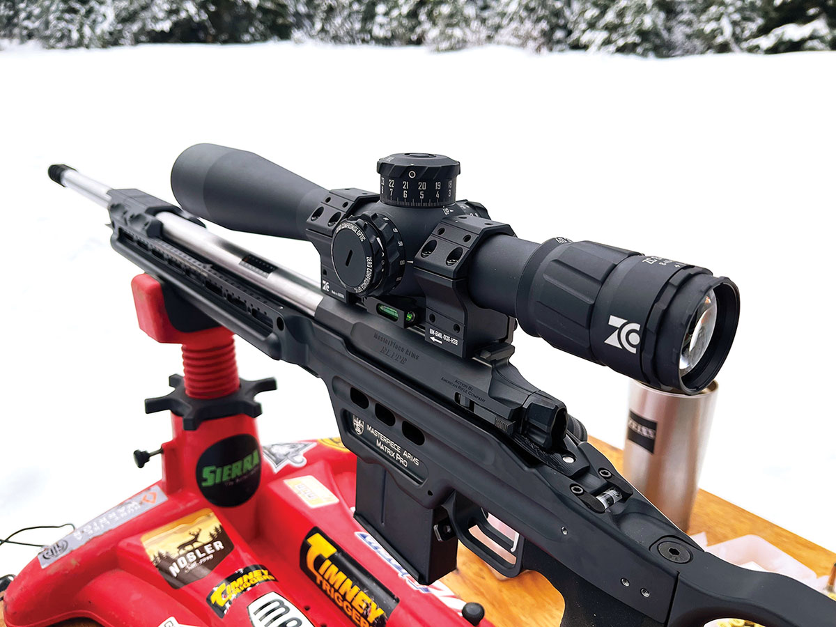 The test rifle held a Zero Compromise Optic ZC840 8-40x 56mm scope mounted in the same company’s Block Mount 6-Mil D36-H38 base with built-in level. The optic uses Austrian-made glass and components are assembled in northern Idaho.